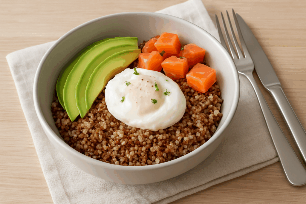 Bowl de quinoa con huevo, aguacate y salmón