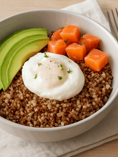 Bowl de quinoa con huevo, aguacate y salmón